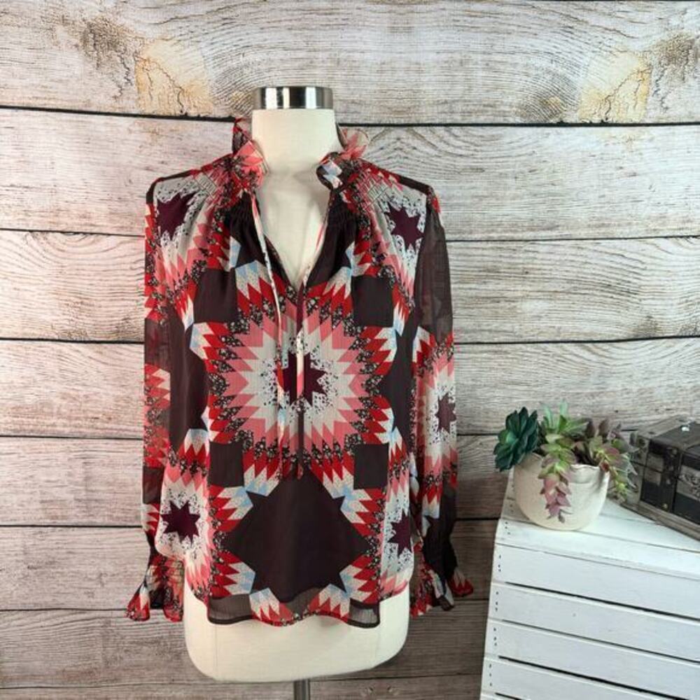 NWT Ann Taylor LOFT Bohemian Blouse Top Women's Size XS‎ Red Ruffle0